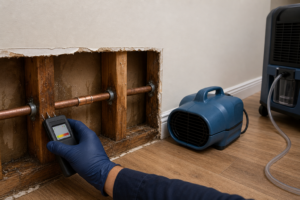 Technician checking drywall and framing moisture beside a repaired plumbing line in an Encino home