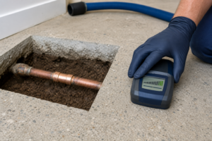 Moisture testing beside a repaired copper pipe in an Encino concrete slab