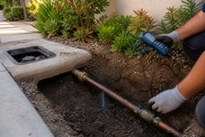 Plumber inspecting a buried main water service line near a water meter in Encino