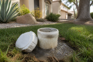 Wastewater overflowing around an outdoor sewer cleanout in an Encino yard