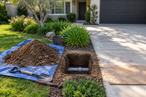 Illustrative small sewer access excavation beside an intact residential driveway and landscaped yard